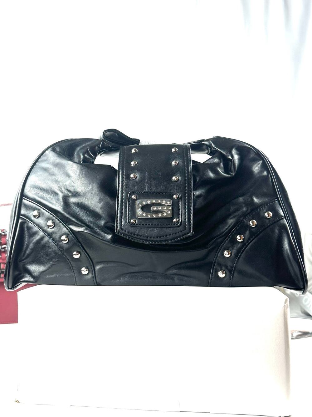 Boutique Black Studded Shoulder Bag with Silver G Emblem